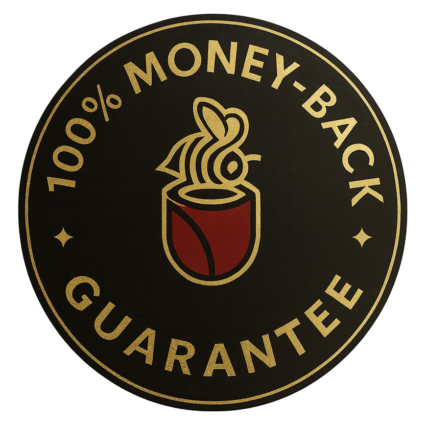 Circular logo with '100% Money-Back Guarantee' text and a coffee cup icon on a black background.